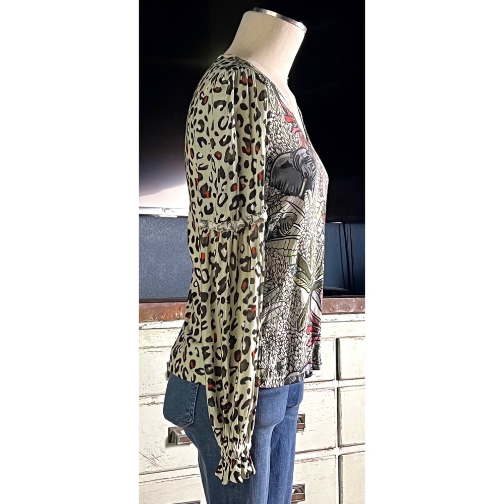 Anthropologie Sibley V-Neck Leopard Elephant Print Ruffled Blouse Top Xs View 5
